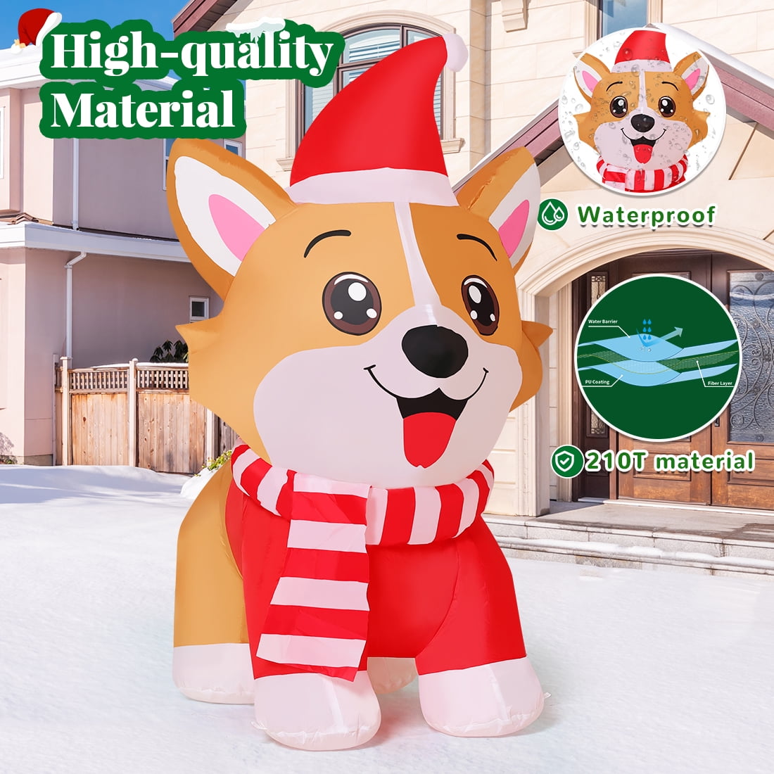 GOOSH Christmas Inflatables 4.2 FT Inflatable Dog Wearing Hat with Built-in LED Lights, Cute Inflatable Christmas Dog Blow up Corgi Dog, Outdoor Christmas Decorations for Xmas Holiday Party