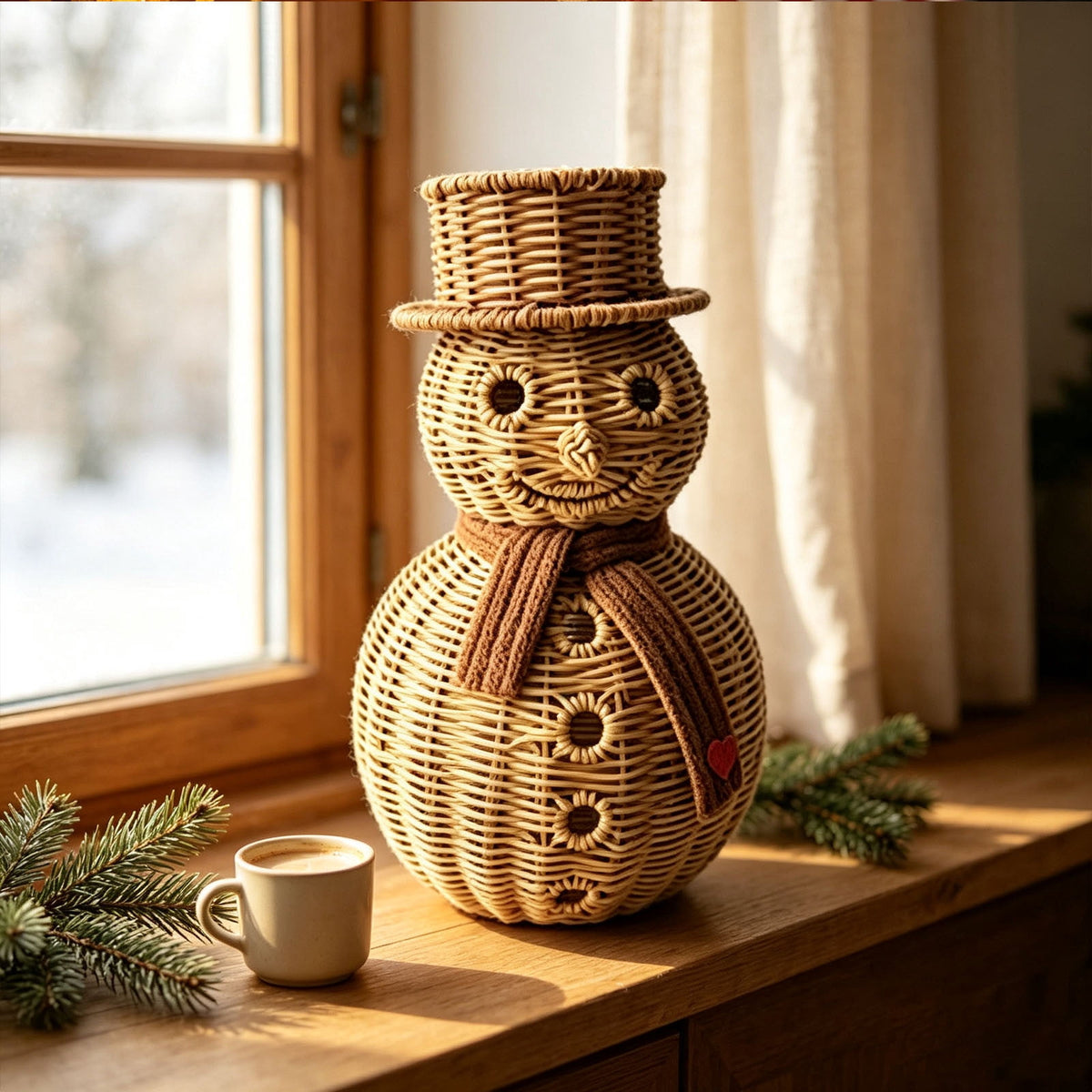 FeiBiQiuBi 14.9" Resin Rattan Style Snowman, Rustic Snowman Decorations with Bow, Woven Natural Style Freestanding Design Winter Farmhouse Decor for Home Kitchen Garden, Holiday Table Mantel Decor
