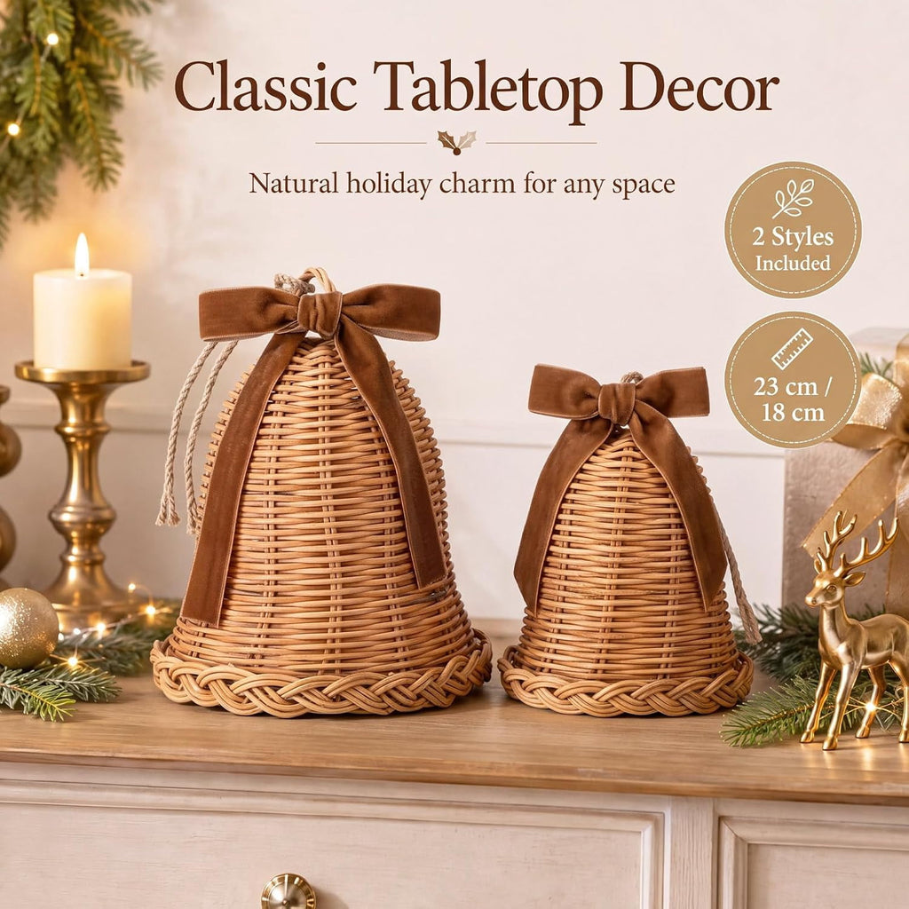 2 Pcs Woven Rattan Christmas Bells with Velvet Bows