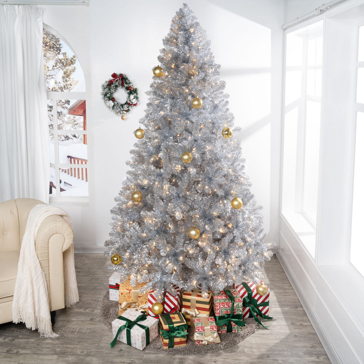 Naomi Home 7.5ft Gold Christmas Tree with Lights, Unique Colored Christmas Tree Prelit with 1412 Branch Tips, 600 Warm Lights and Metal Stand, Aritificial Christmas Tree
