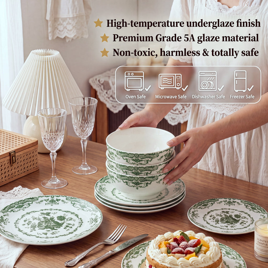 Onader 12 Piece Tableware Set, Rose Floral Dinnerware Set for 4, Ceramic Plates and Bowls Sets for Home Kitchen Restaurant, Scratch Resistant & Microwave Safe, Red