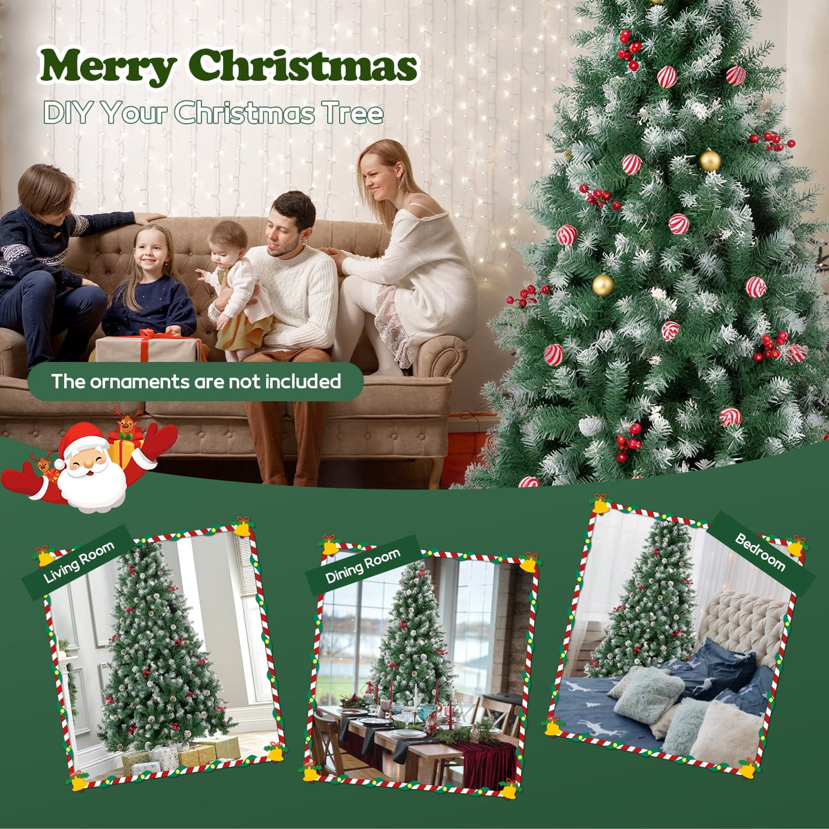 6FT Pre-Decorated Artificial Christmas Tree w/ 800 PVC Branch Tips, Red Berries for Home Office Party Decoration, Partially Flocked Design Xmas Trees w/ Dense Branches & Metal Stand