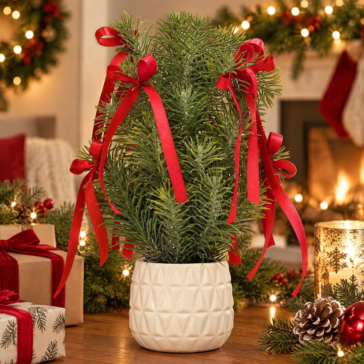 Evergreen with Bows Christmas Arrangement in Ceramic Pot, Green/White/Red, 12.3", by Holiday Time