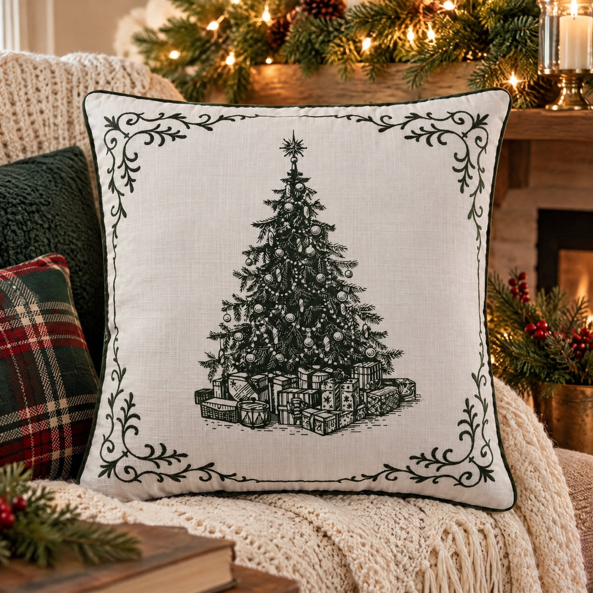 My Texas House Vintage Christmas Tree Decorative Pillow, Green and White, 20" x 20"