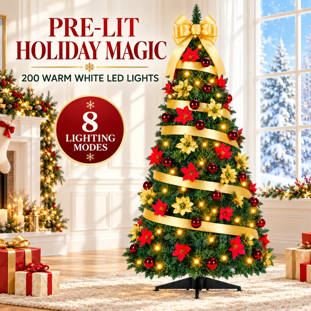 SUGIFT 6ft Pop-Up Pencil Christmas Tree, 200 LED Lights, 8 Modes, 100 Ornaments, Gold Bow, Easy Setup