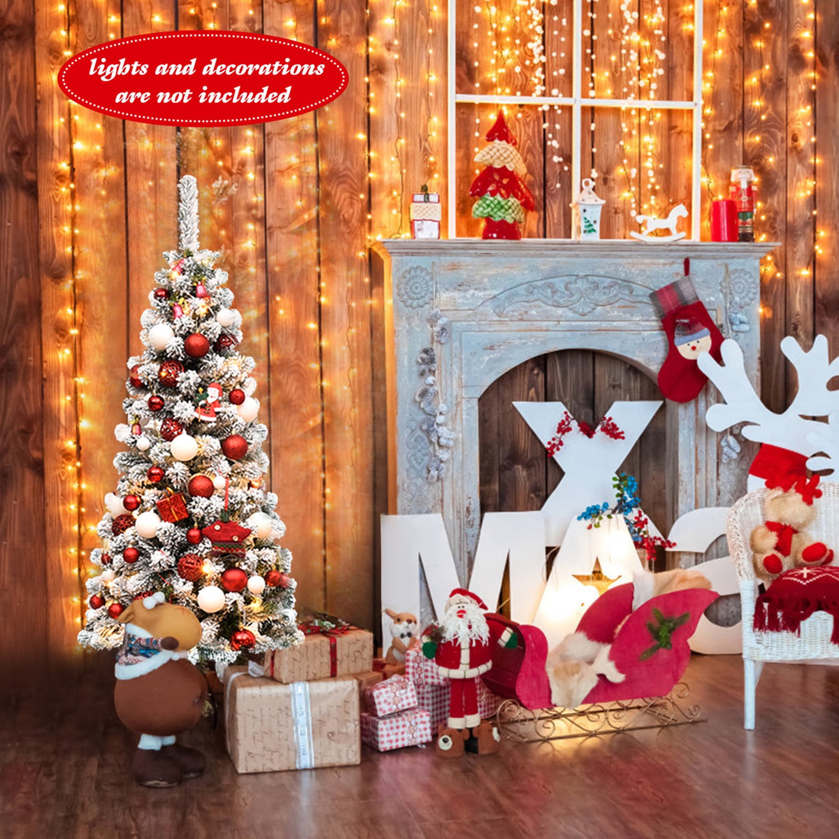 Gymax 4.5ft Snow Flocked Pencil Christmas Tree Artificial Pine Tree w/ Metal Stand