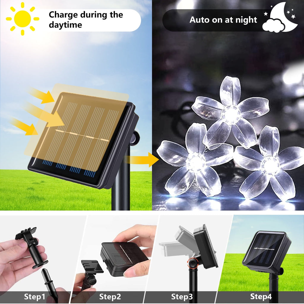 Rirool Cherry Blossom Solar String Lights Outdoor, 23FT 50 LED Flower Fairy Lights with 2 Lighting Modes, IP65 Waterproof Auto On/Off for Garden Patio Wedding Christmas Decor, Multicolor