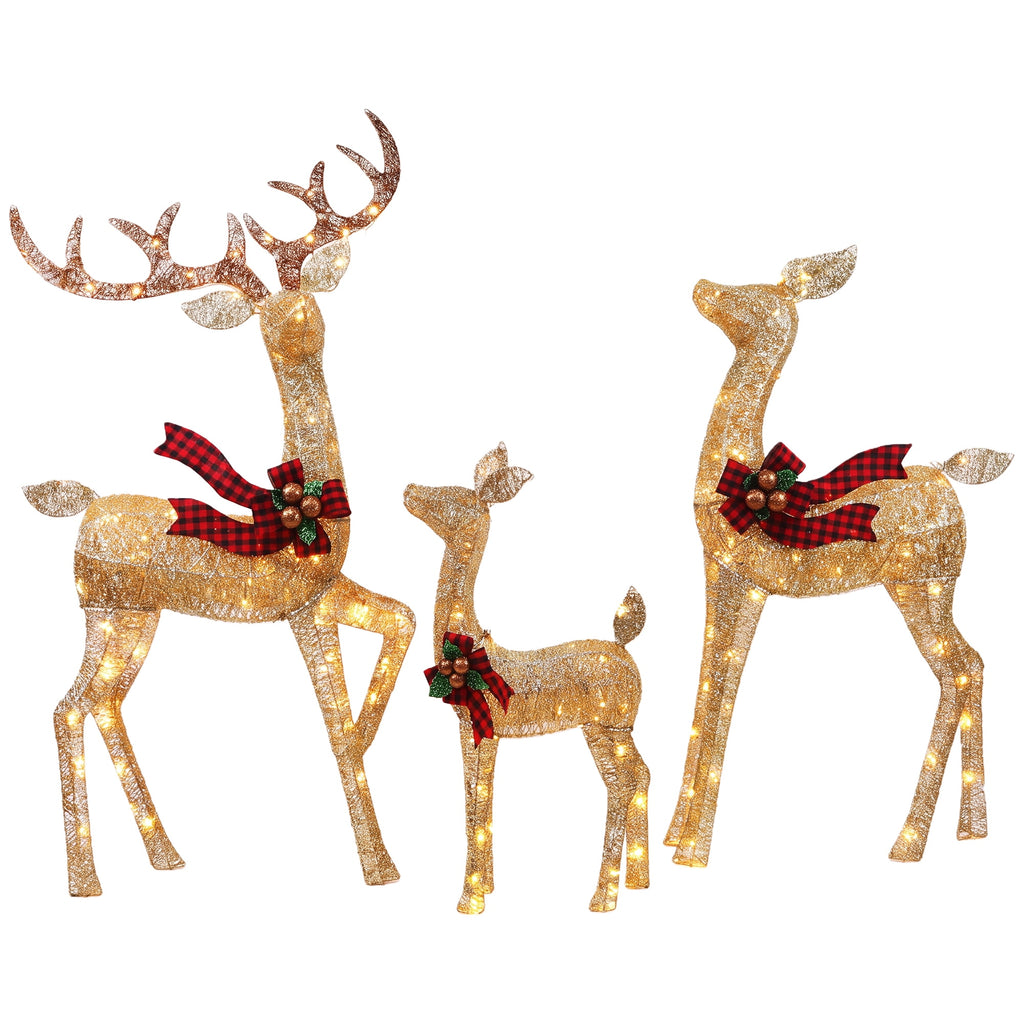 FOOWIN 3-Piece Large Christmas Deer Family, Lighted Outdoor Christmas Decoration, Champagne Gold