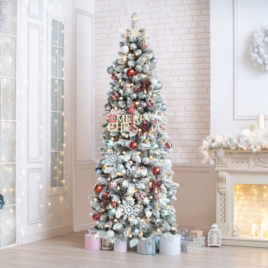VEIKOUS 6.5ft Pre-lit Pencil Christmas Tree Slim w/250 LED Lights & Metal Stand, Green