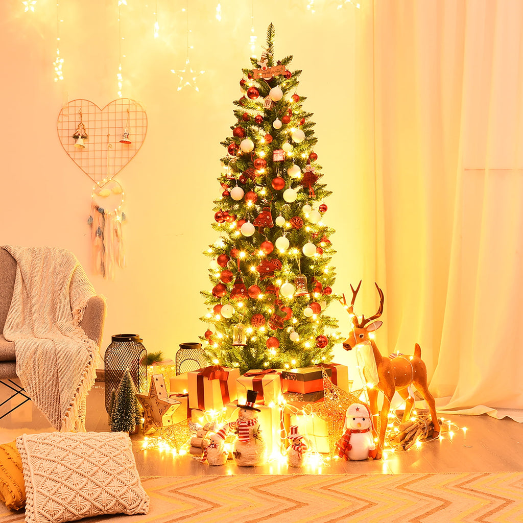 Costway 6Ft Pre-lit Artificial Pencil Christmas Tree Hinged Fir PVC Tree with 250 LED Lights