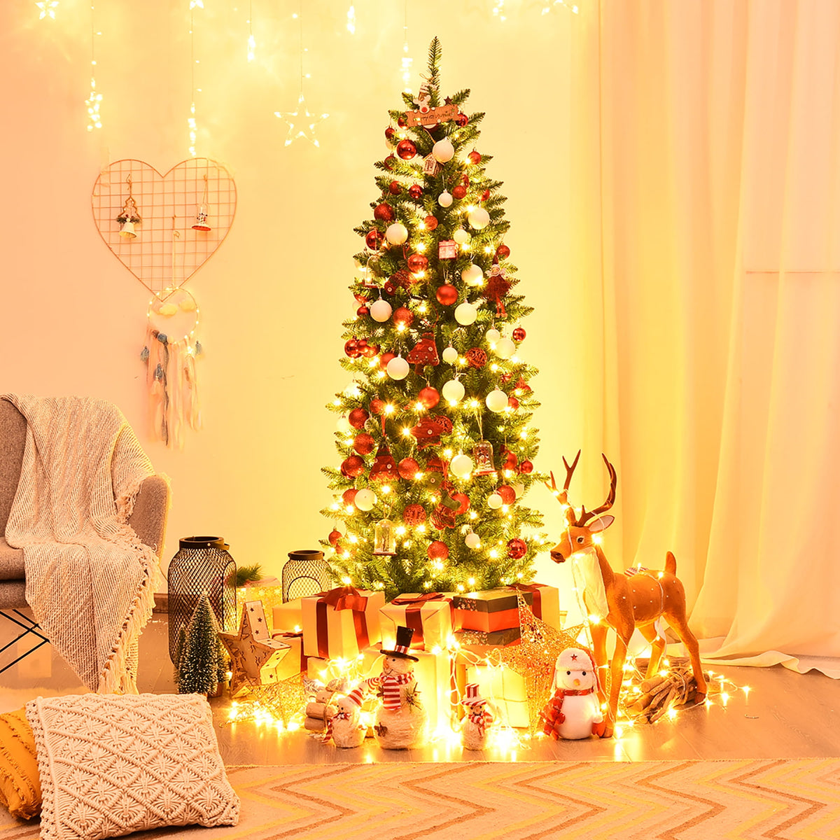 Costway 6Ft Pre-lit Artificial Pencil Christmas Tree Hinged Fir PVC Tree with 250 LED Lights