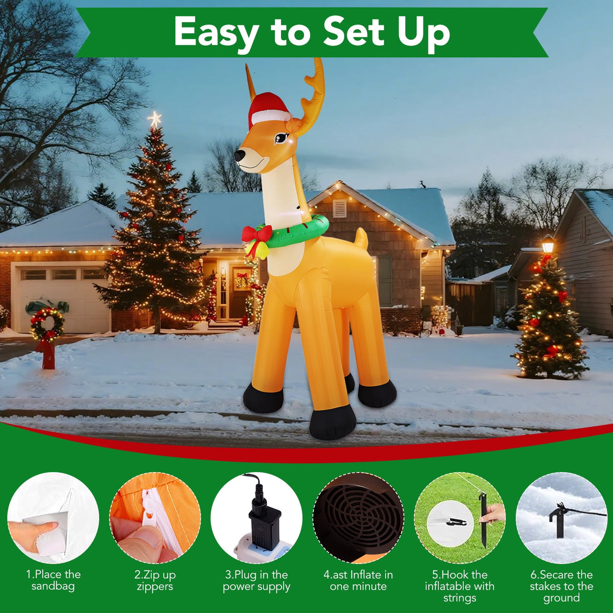 12FT Giant Christmas Inflatable Reindeer Decoration with Chasing LED Lights,Blow Up Yard Decoration for Party Garden Yard Lawn Decor