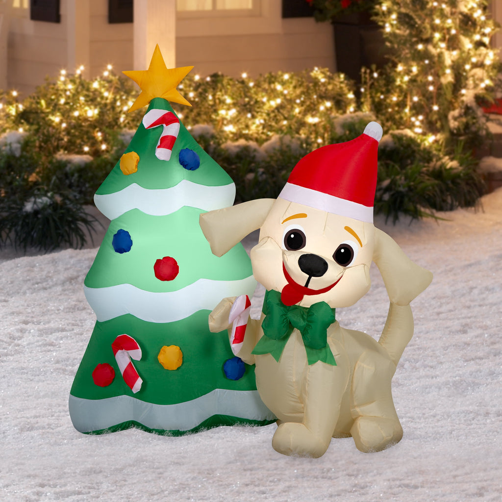 Multicolor Dog with Tree Scene Christmas Airblown Yard Inflatable, 4', by Holiday Time