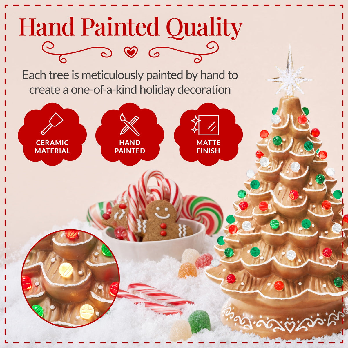Best Choice Products 15in Ceramic Christmas Tree, Pre-lit Hand-Painted Tabletop Holiday Tree, Gingerbread Red/White/Grn