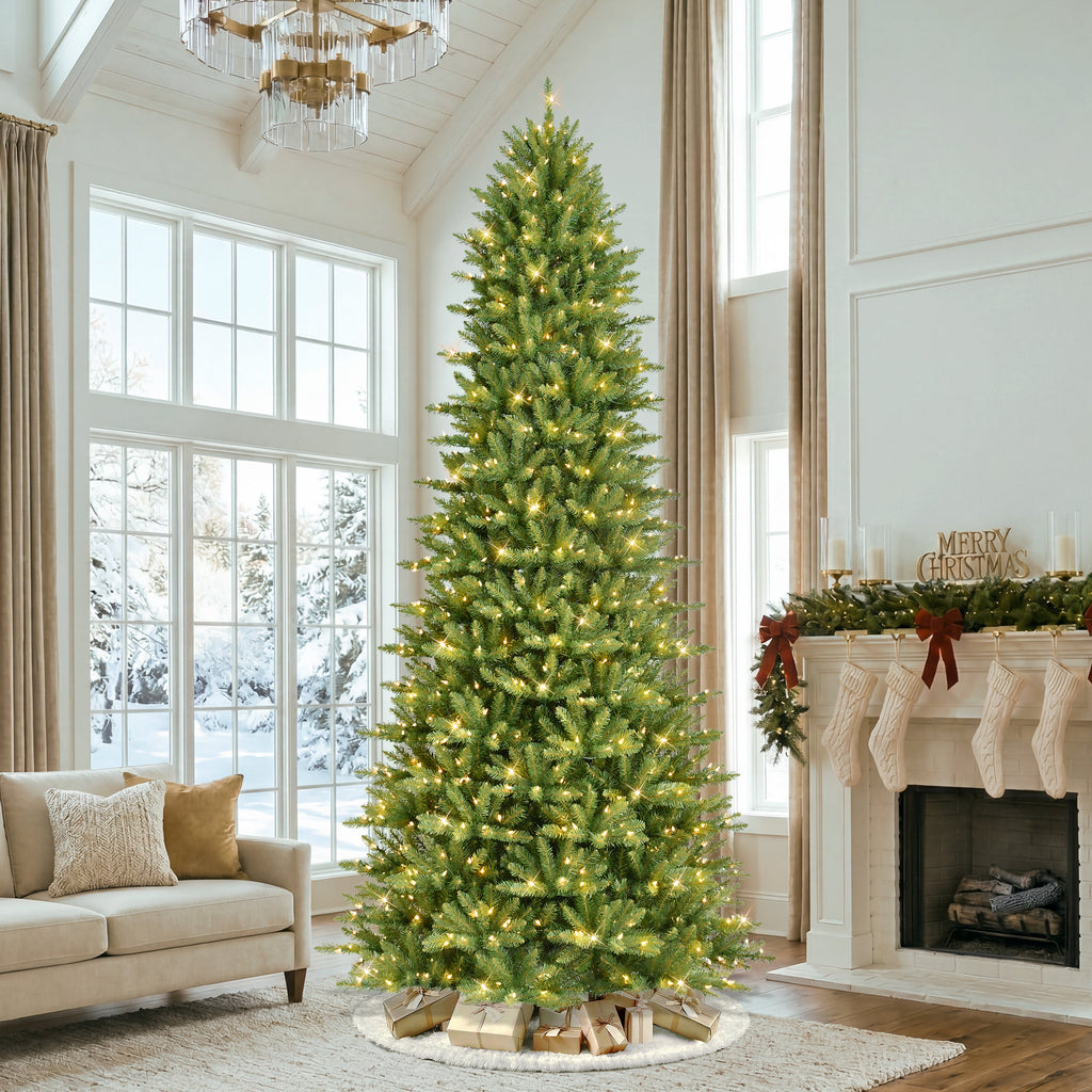 Puleo International Pre-Lit 12 ft Slim Fraser Fir Artificial Christmas Tree with 1,200 Clear Lights