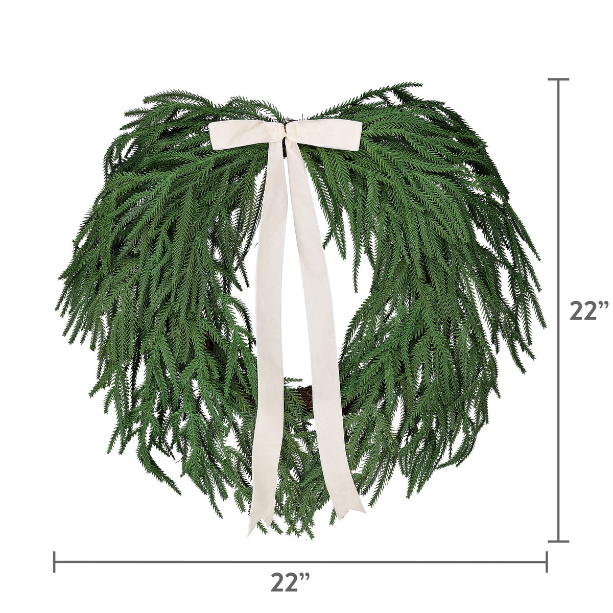 My Texas House Natural Feel Norfolk Artificial Christmas Wreath with Bow, Green, 22"