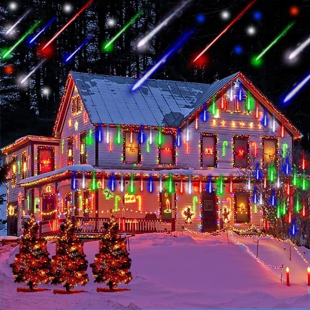 DONGPAI Meteor Shower Lights Outdoor, 11.8 Inch 8 Tube Icicle Lights, Waterproof Meteor Christmas Lights Outdoor, Hanging Falling Rain Lights for Xmas Tree Outside Holiday Decoration