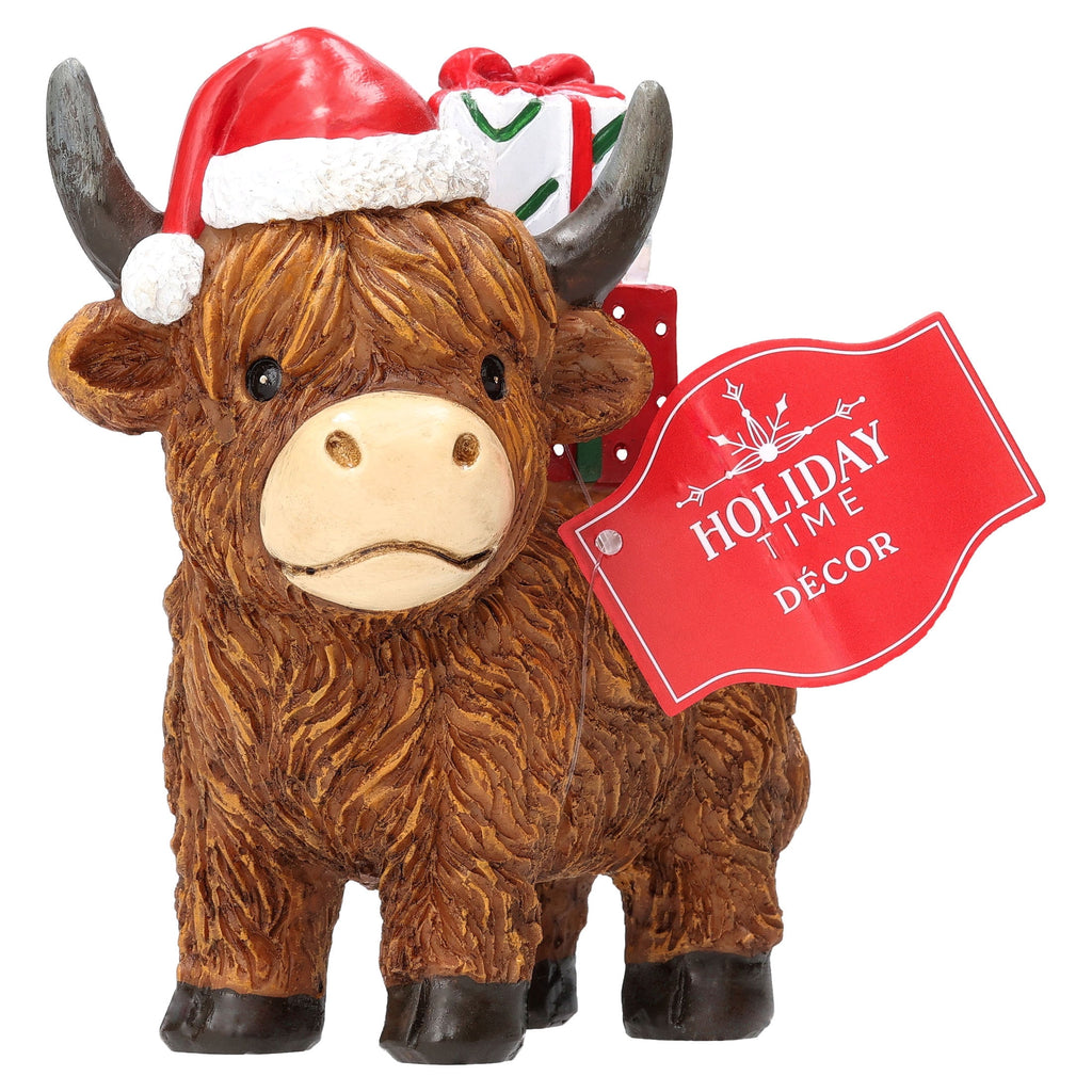 Highland Cow with Presents Christmas Decoration, Brown, 5", by Holiday Time