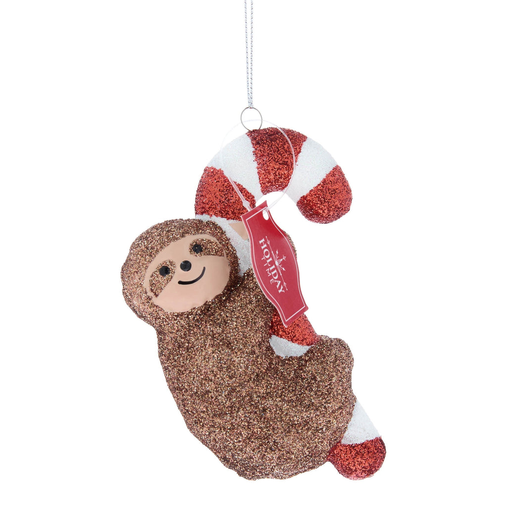 Brown/Red/White Glitter Sloth with Candy Cane Christmas Ornament, 4.3", by Holiday Time