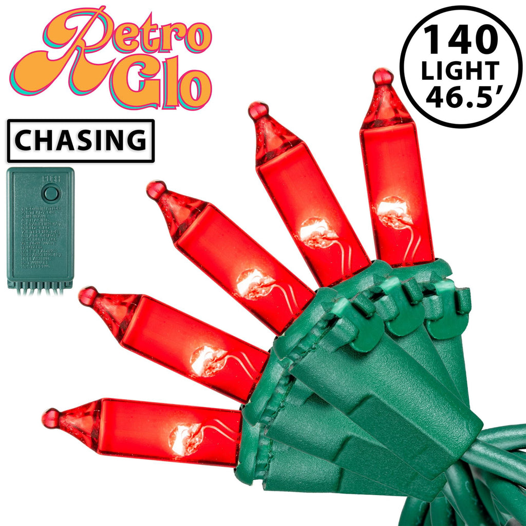 Novelty Lights RetroGlo® Clear LED Multi-Function 46.5ft Chasing Christmas Lights, 140 Bulbs on Green Wire, Vintage Style, 2700K Warm White Core