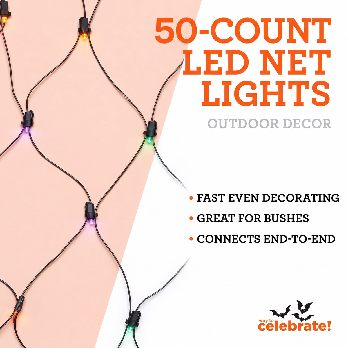 Indoor/Outdoor 50-Count LED Net Lights, Orange, 4' x 4', Halloween by Way To Celebrate