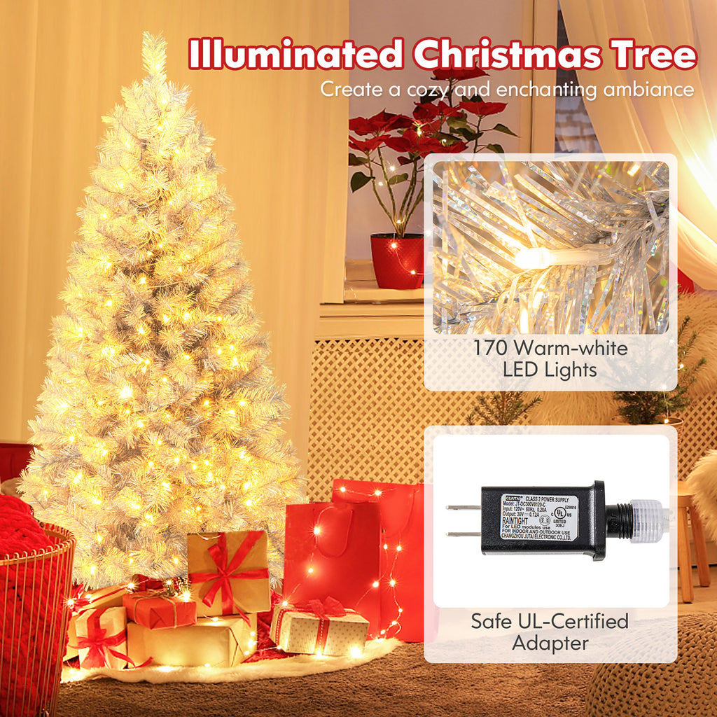 Gymax 7 FT Pre-Lit Artificial Christmas Tree Silver Tinsel Hinged Xmas Tree
