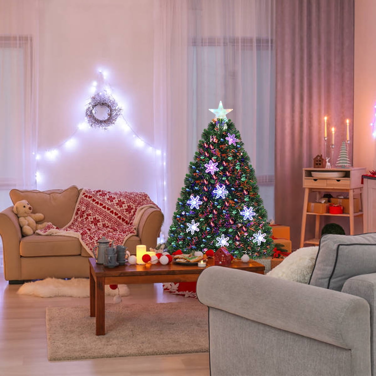 Gymax 4' Pre-Lit Multi-Color Lights Fiber Optic Artificial Christmas Tree with Snowflakes