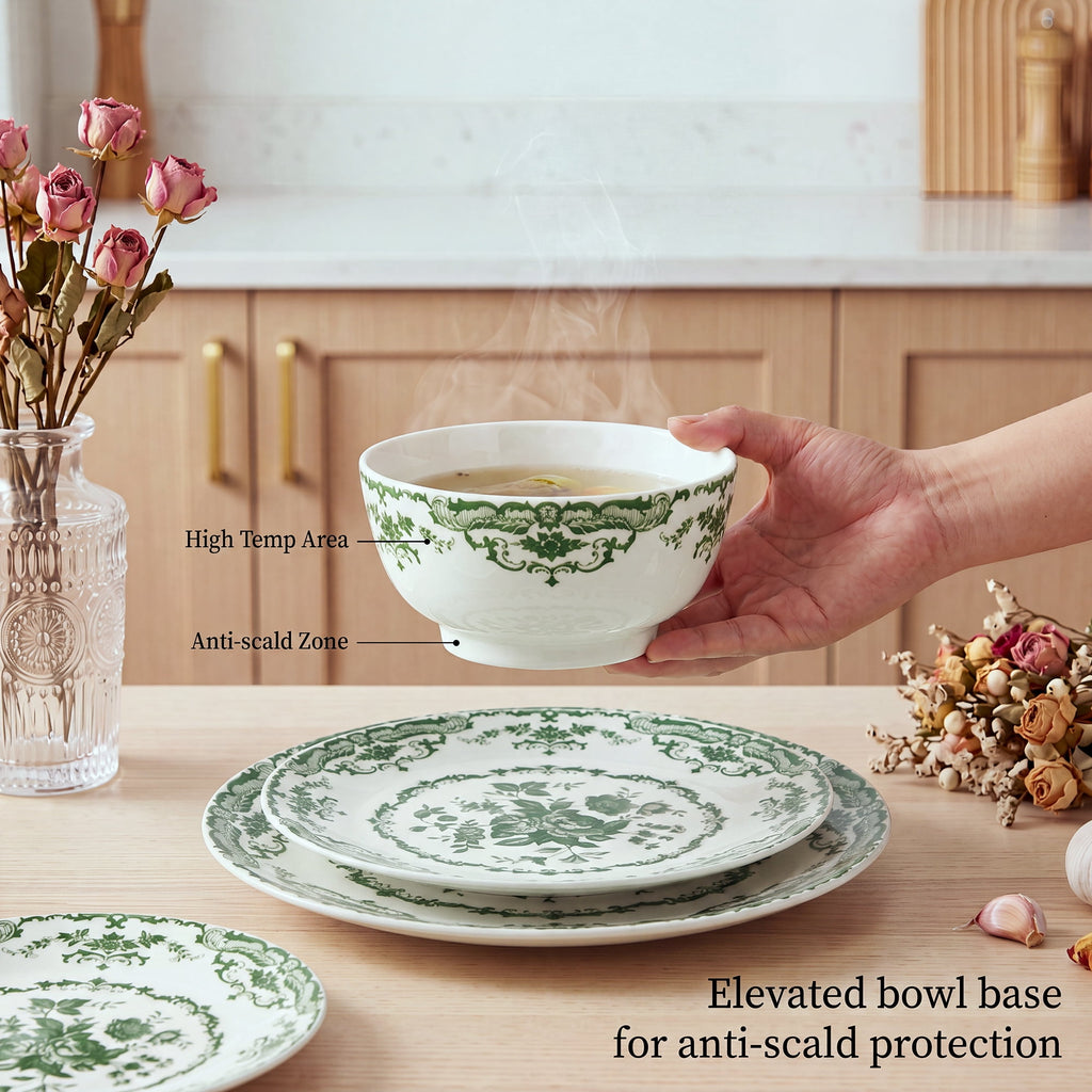 Onader 12 Piece Tableware Set, Rose Floral Dinnerware Set for 4, Ceramic Plates and Bowls Sets for Home Kitchen Restaurant, Scratch Resistant & Microwave Safe, Red