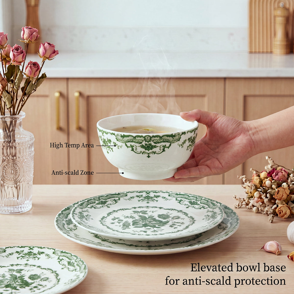 Onader 12 Piece Tableware Set, Rose Floral Dinnerware Set for 4, Ceramic Plates and Bowls Sets for Home Kitchen Restaurant, Scratch Resistant & Microwave Safe, Red