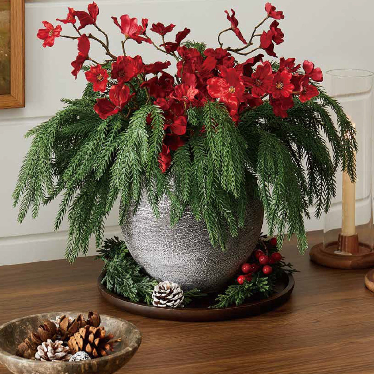 Red Dogwood Flowers and Greenery Decorative Christmas Picks, 21", by Holiday Time