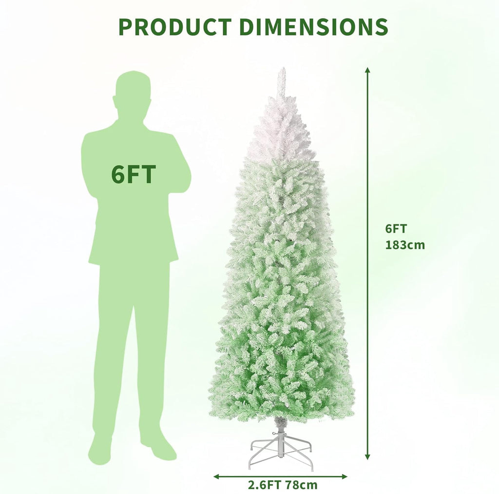 4.5/6/7.5/9 ft Flocked Pencil Christmas Tree with 100 Lights, Pre Lit Tall Skinny Christmas Tree with PVC Branch Tips, Premium Hinged Xmas Tree with Metal Base, Slim Artificial Christmas Tree