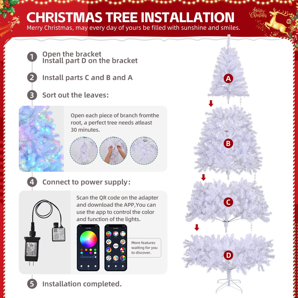 Ktaxon 8 FT Pre-lit Christmas Tree, Xmas Tree Hinged Branches with 500 RGB Lights and 1500 Branch Tips APP Controlled, for Holiday Party Store Office Home, White
