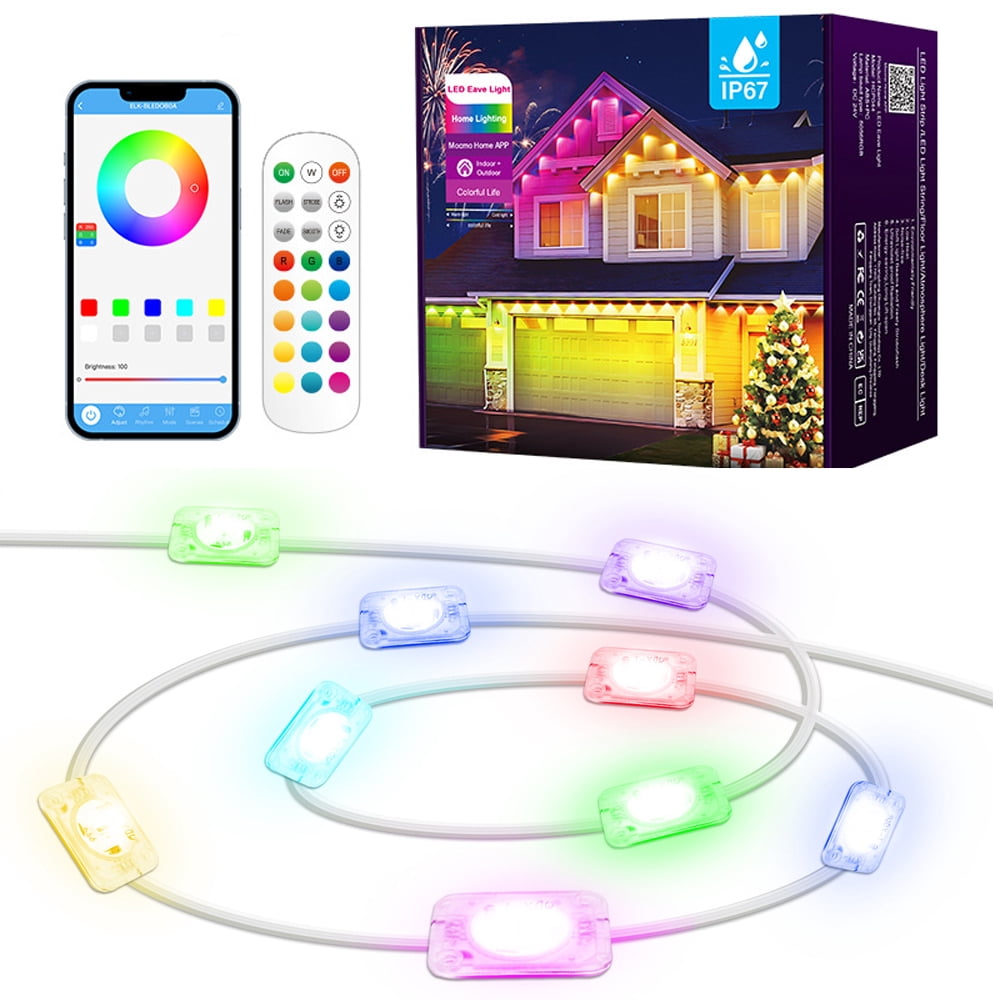 50ft RGB+IC Permanent Outdoor Eaves Lights With App & Remote Control, IP67 Waterproof LED Rain Gutter Lights for Year-Round Christmas Halloween, Valentine's Day, Holiday, Party Outdoor Decor