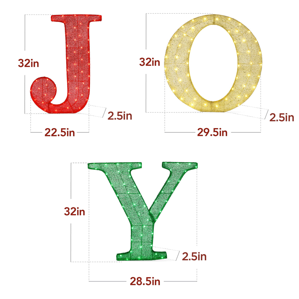 Best Choice Products 32in 3-Piece 3D Lighted Christmas JOY Yard Decoration w/ 150 LED Lights, Stakes - Red/Gold/Green