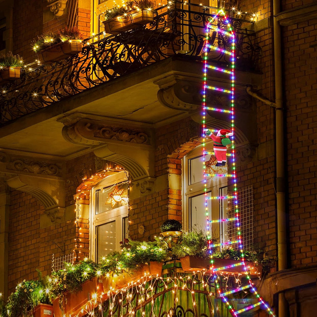 Morfone Christmas Decorations LED Ladder Lights with Climbing Santa Claus, 10.5ft Christmas Decorative String Lights for Indoor Outdoor, Window, Garden, Home, Wall, Xmas Tree Decor, Multicolor