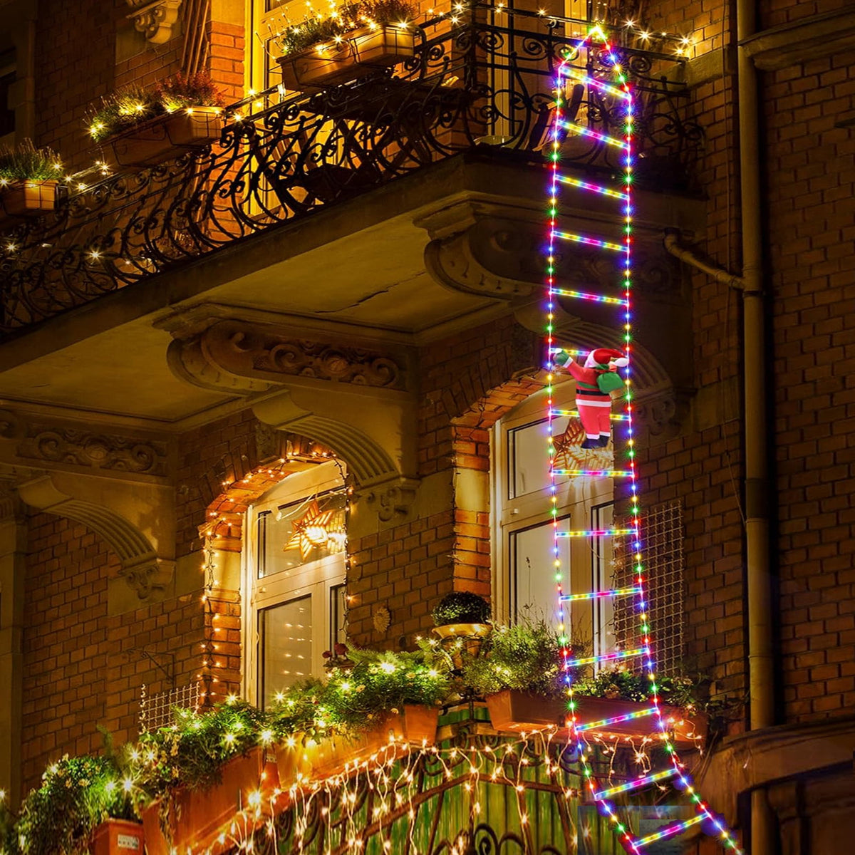 Morfone Christmas Decorations LED Ladder Lights with Climbing Santa Claus, 10.5ft Christmas Decorative String Lights for Indoor Outdoor, Window, Garden, Home, Wall, Xmas Tree Decor, Multicolor