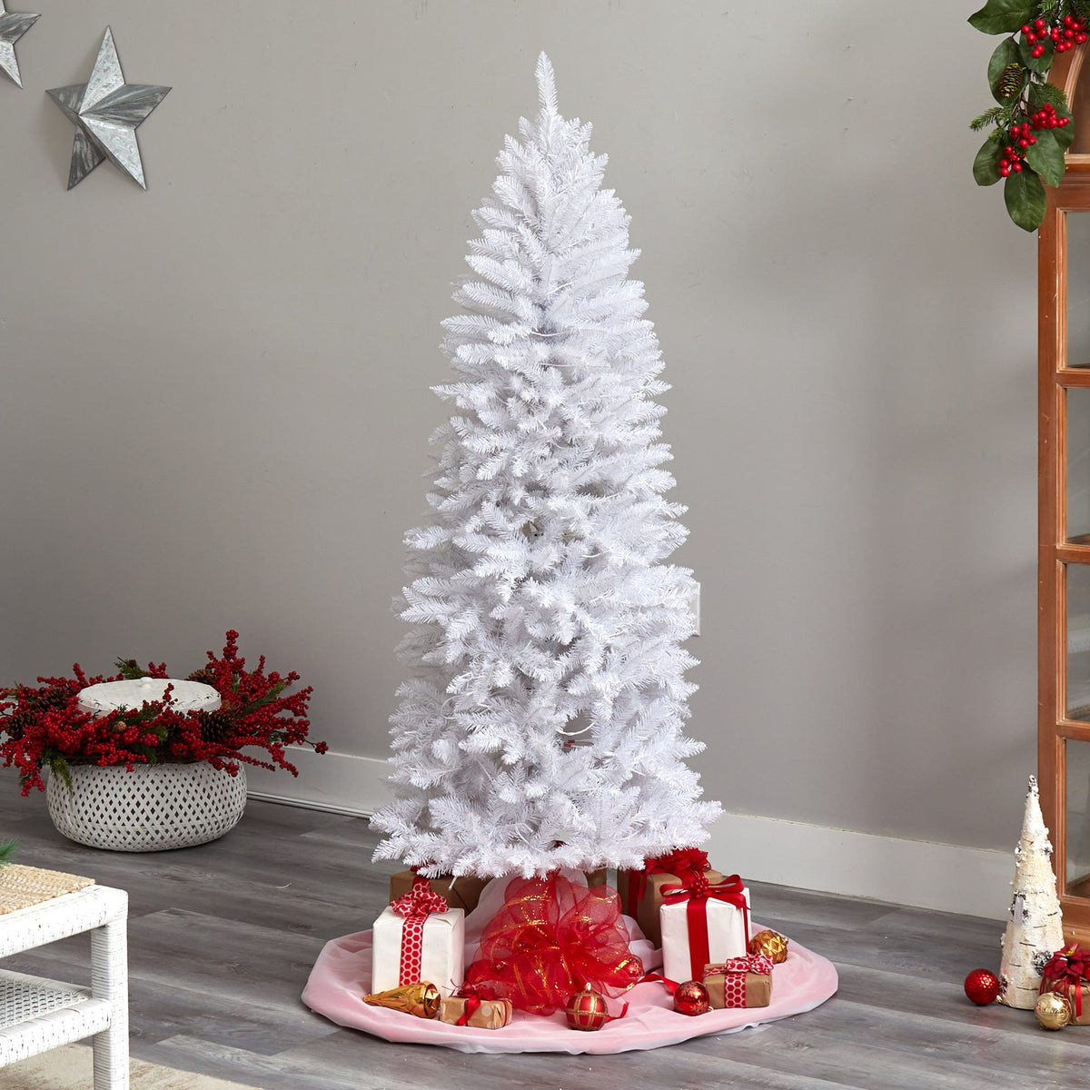 Nearly Natural 3' White Slim Artificial Christmas Tree Prelit 50 Warm White LED Lights