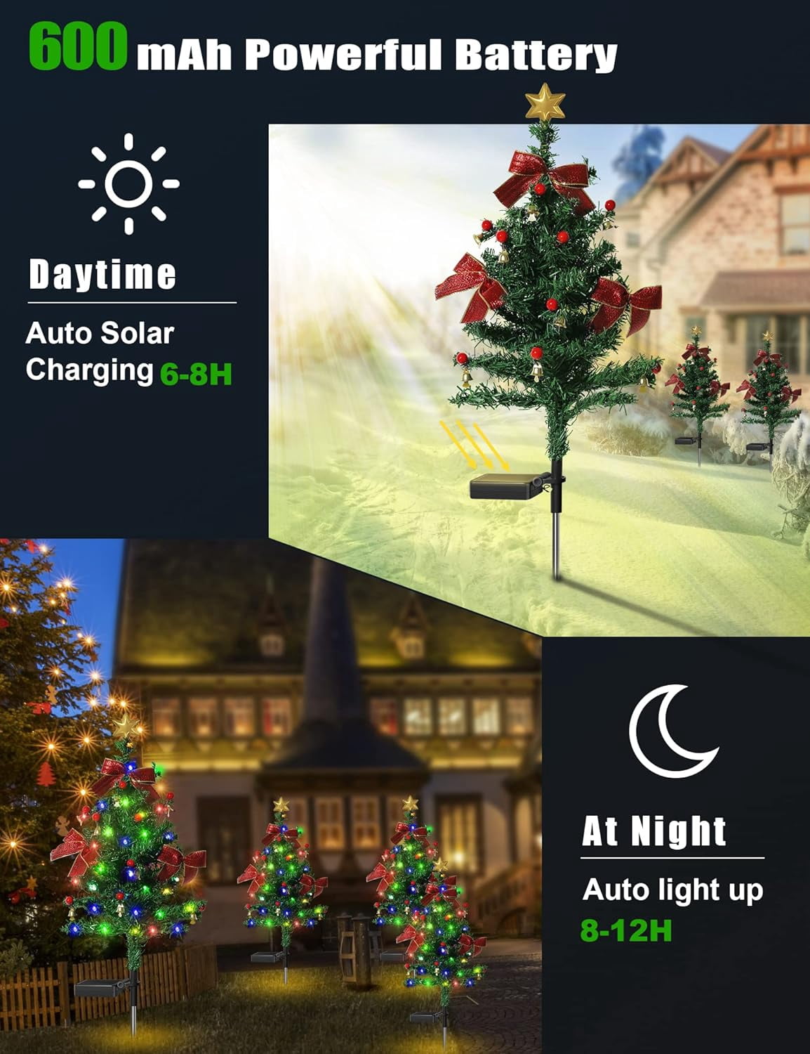 Beiled Multicolor Solar Christmas Tree Light Outdoor Waterproof 20LED Garden Decor（2pack）