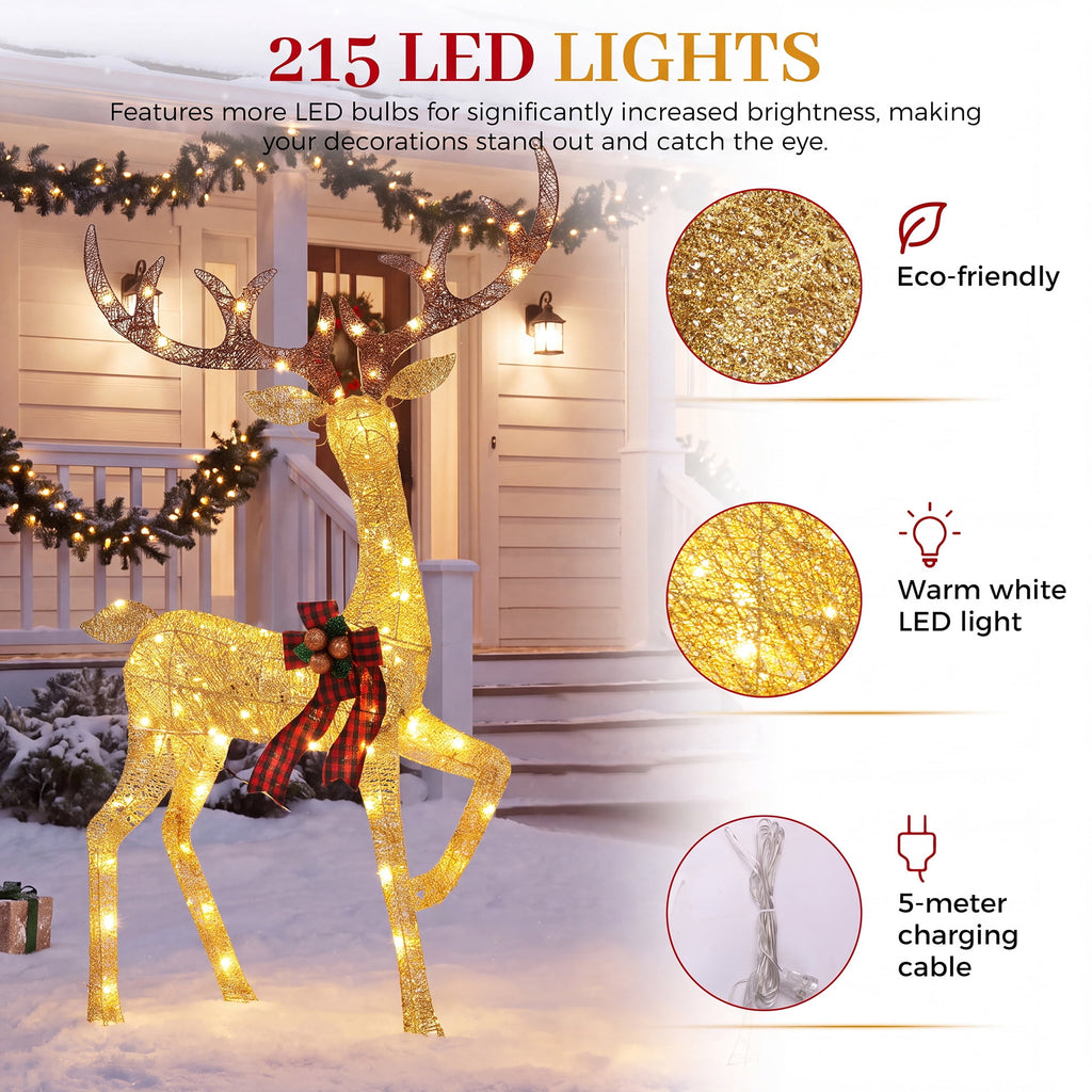 FOOWIN 3-Piece Large Christmas Deer Family, Lighted Outdoor Christmas Decoration, Champagne Gold