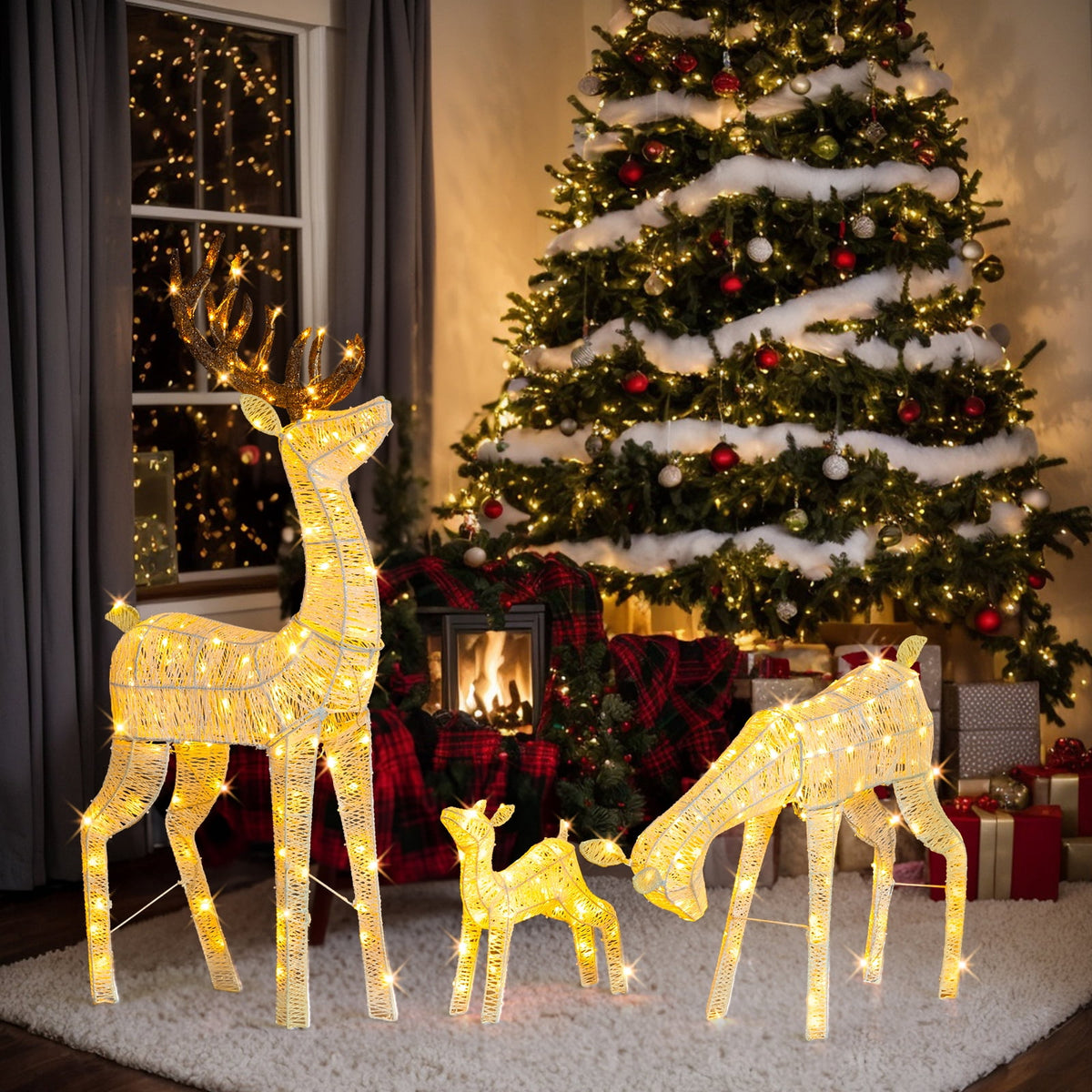 Ktaxon Christmas Outdoor Decor 4FT Lighted Reindeer Set 3Pcs Yard Deer Decorations LED Lights - Gold