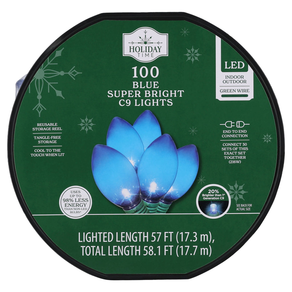 Indoor/Outdoor 100-Count LED Smooth C9 Christmas String Lights, Multicolor, Green Wire, 57', by Holiday Time