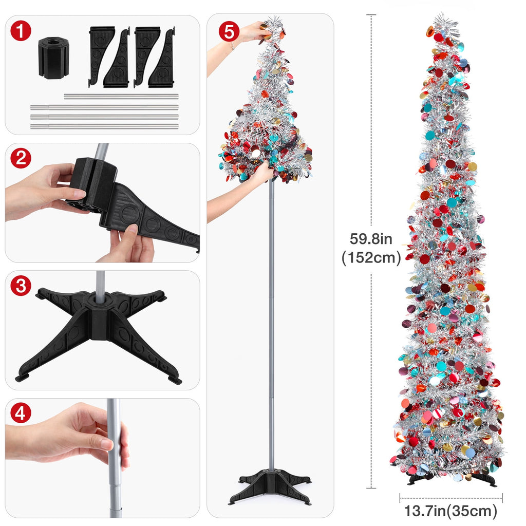 Ayieyill 5ft Pencil Christmas Tree, Collapsible Xmas Tree with Lights, Pop Up Tinsel Tree for Christmas Decorations Indoor, Pink White