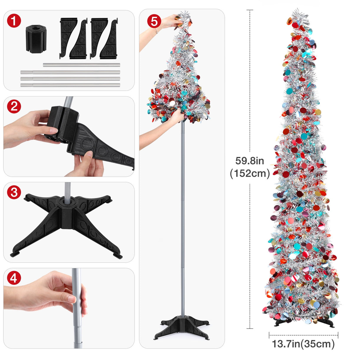 Ayieyill 5ft Pencil Christmas Tree, Collapsible Xmas Tree with Lights, Pop Up Tinsel Tree for Christmas Decorations Indoor, Pink White