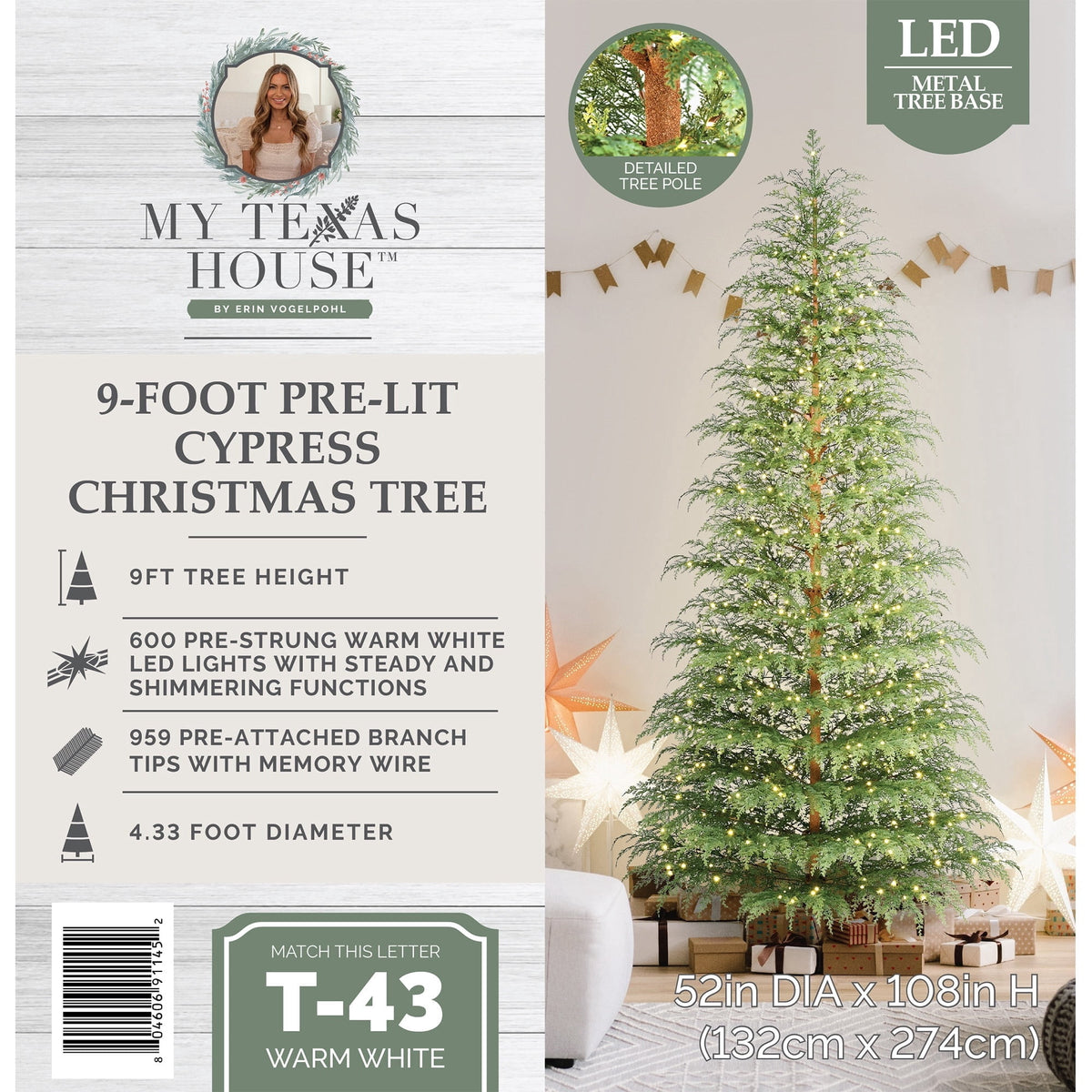 My Texas House 9' Pre-Lit Cypress Green Artificial Christmas Tree with 600 Warm White Twinkle LED Lights and Stand