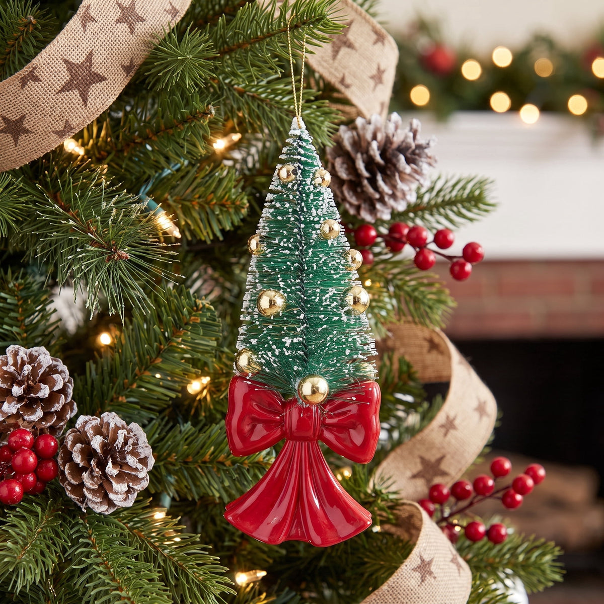 Red and Green Bottle Brush Tree with Bow Base Christmas Ornament, 8", by Holiday Time