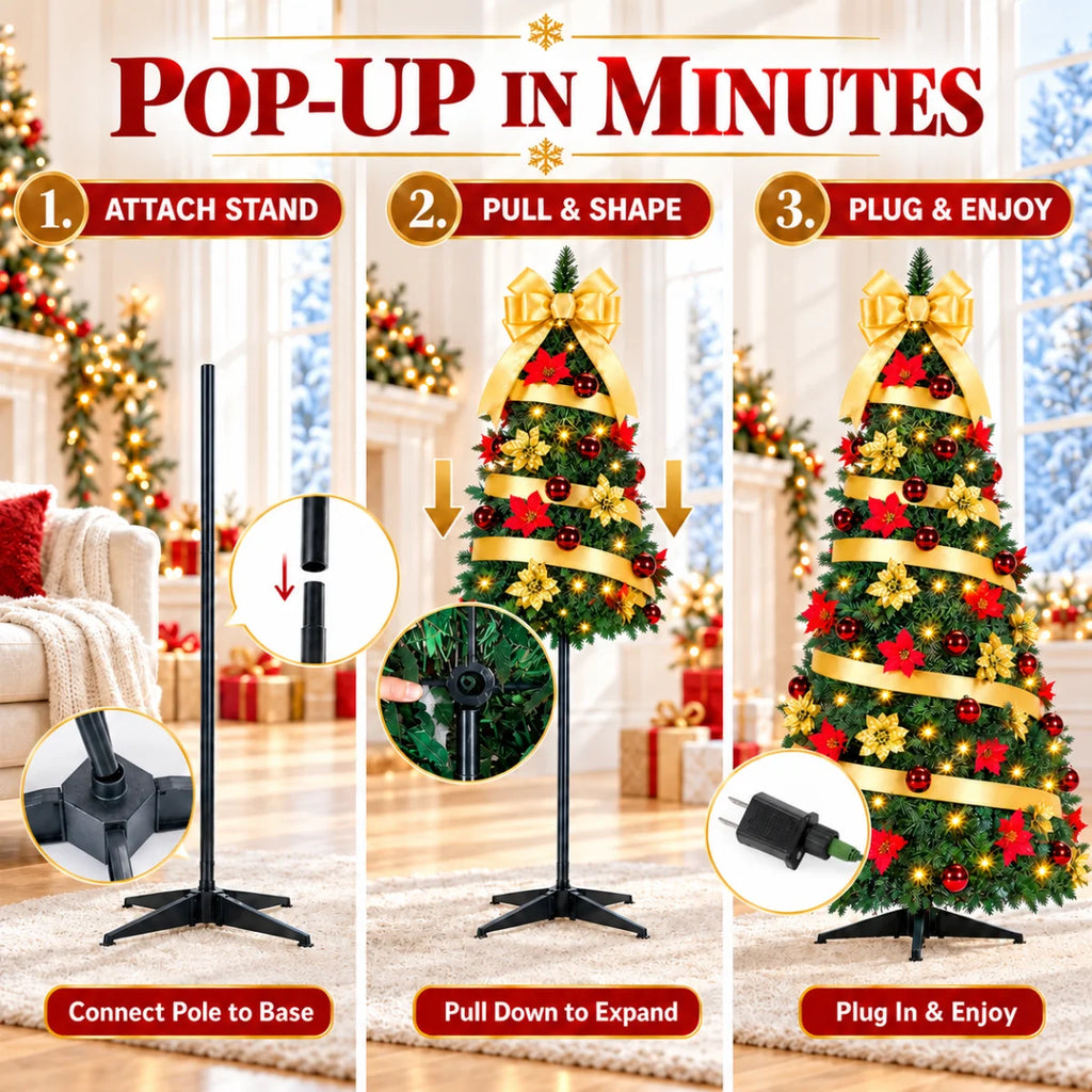 SUGIFT 6ft Pop-Up Pencil Christmas Tree, 200 LED Lights, 8 Modes, 100 Ornaments, Gold Bow, Easy Setup
