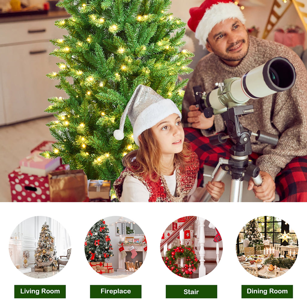 Costway 6Ft Pre-lit Artificial Pencil Christmas Tree Hinged Fir PVC Tree with 250 LED Lights