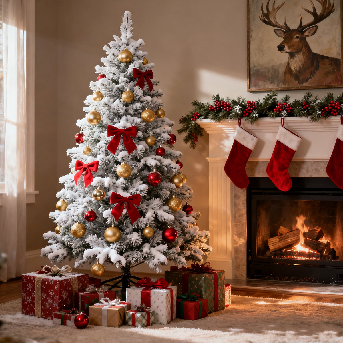 DAYBETTER 6ft Artificial Christmas Tree, Snow Flocked Christmas Pine Tree, with 210 Warm White Lights, 627 White Tips Branch, Includes Metal Stand for Xmas Holiday, Indoor and Outdoor Decor