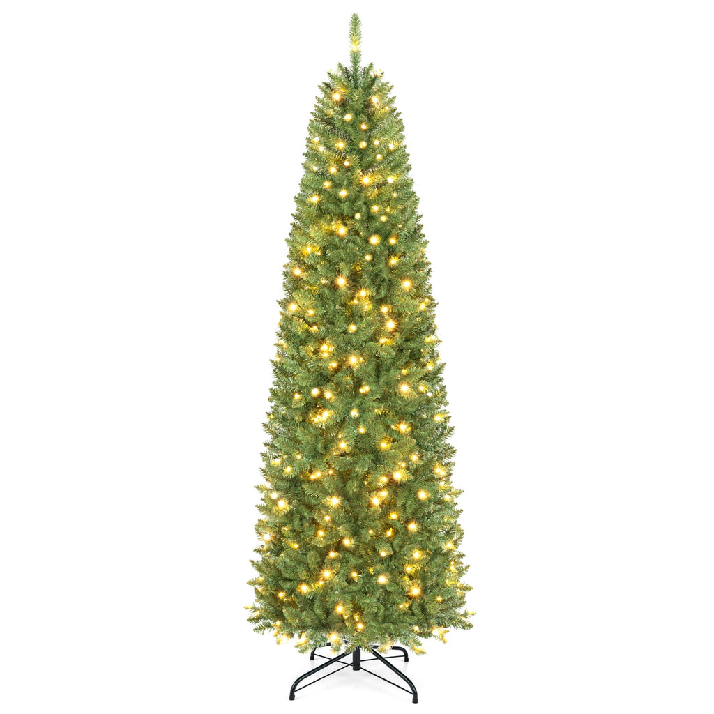 Costway 6Ft Pre-lit Artificial Pencil Christmas Tree Hinged Fir PVC Tree with 250 LED Lights