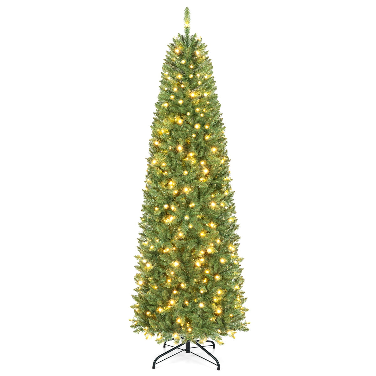 Costway 6Ft Pre-lit Artificial Pencil Christmas Tree Hinged Fir PVC Tree with 250 LED Lights